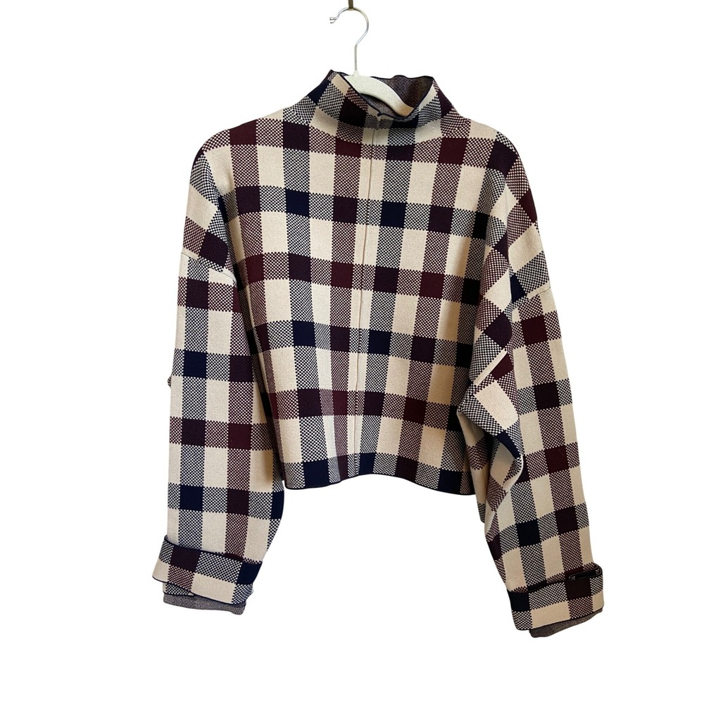 VVB Victoria Beckham Plaid Mock Neck Cropped Sweater Navy Burgundy Cream Medium